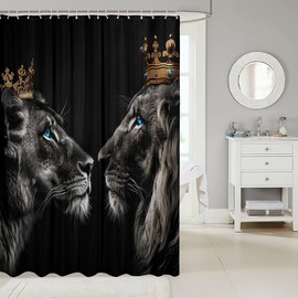 Feelyou - Cortina de baño de león de 72 x 72 pulgadas, cortina de ducha con estampado de corona dorada para niños y niñas, juego de cortina de ducha con estampado de safari, color negro y accesorios