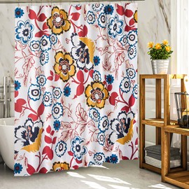 ORTIGIA Floral Boho Shower Curtain- 72x72 Inch Fabric Bath Curtain with 12 Metal Hooks, Flower Leaf Design for Modern Bathrooms