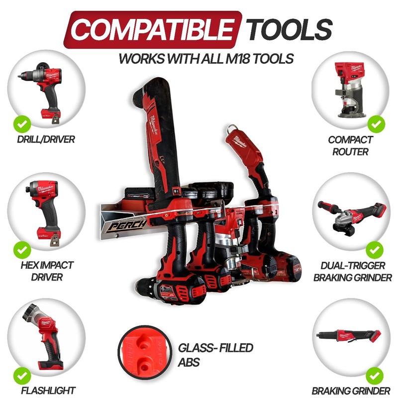 PERCH Tool Holder Rack for Milwaukee M18 18v | Securely