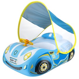 Baby Inflatable Pool Float with Canopy Car Shaped Baby Swim Float with Safty Seat Steering Wheel Horn for Infant Summer Beach Outdoor Play