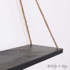 Rutledge & King Hanging Wall Shelves - Hanging Rope Shelf - Wooden Hanging Storage Shelves - Modern Swing Rope Floating Shelf (Single, Black)