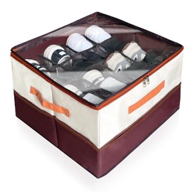 Gikool 16-Grid Multifunctional Foldable Shoe Organizer, Collapsible Fabric Bin with Handles & Mesh Pockets, Space-Saving Stackable Closet Storage for Shoes, Socks & Accessories (16.9"x16.9"x12.2")