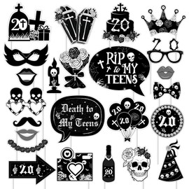 24Pcs Gothic 20th Birthday Photo Booth Props, Rip to My Teens Birthday Decoration, Death to My Teens Party Decor for Women Funeral 20th Birthday Party Supplies Black