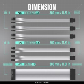 EZDIY-FAB PSU Cable Extension Kit,16AWG Power Supply Extension Cable,1x24Pin/2x4+4 EPS/3x6+2 PCI-E,Custom PC Sleeve Cable 300MM with Combs-White