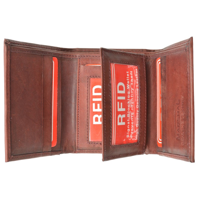 MARSHAL New RFID Blocking Men's Leather Trifold Wallet (Burgundy)