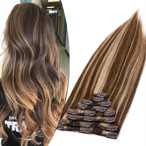SEGO Clip-In Real Hair Extensions, 8 Wefts, Straight, 7A, 100% Human Thickened, Soft, Silky Medium Brown/Honey Blonde #4p27, 56 cm (110 g)