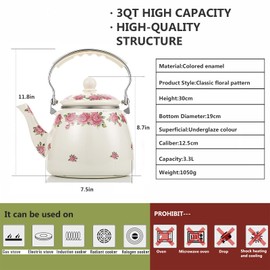 Tea Kettle Pot for Stove Top,Porcelain Large Enamel Teakettle,3.3L Colorful Teapot Floral Ceramic for Stovetop,Retro Classic Design