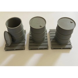 Universal 3x DRUM/BARREL Pallets MINI Scale Deco. RC Truck/Military/Diorama/Garage 1:24