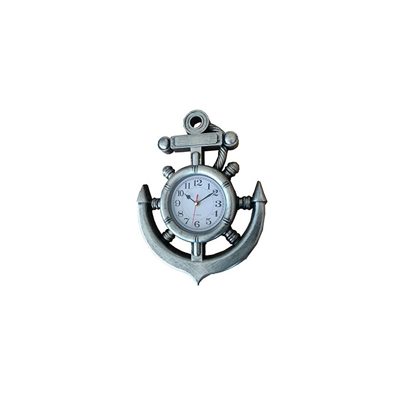 Silver Ship Wheel and Anchor Wall Clock 15" - Nautical