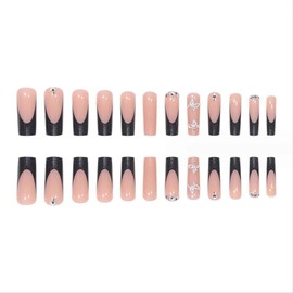 Foccna Press on Nails Long Rhinestone Pink Fake Nails Black Nails Square Bling Glossy 3D Flower False Nail Tips Artificial Nails Finger Manicure for Women and Girls-24pcs (Long Nails 1)