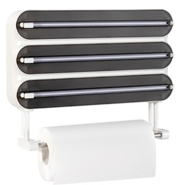 Quasziwa Aluminum Foil & Plastic Wrap Dispenser with Cutter - Magnetic & No-Drill Wall Mount, Cling Film Dispenser with Paper Towel Holder, Space-Saving 4-in-1 Kitchen Organizer - Fits 12" Roll, Black