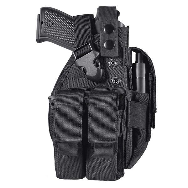 LarKoo Pistol Pouch Holster for 9mm 1911 Glock - Universal Adjustable Hand Gun Case Molle Pistol Belt Holster Bag with Double Mag Magazine Pouch for Convertible Ambidextrous Left Right Hand