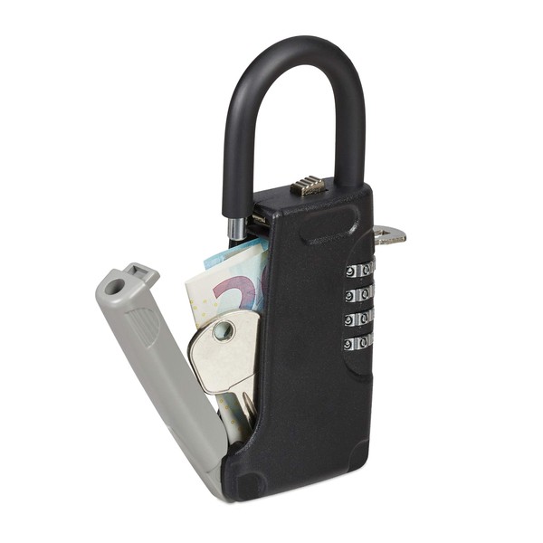 Relaxdays Key safe with handle, 4-digit numeric code, outside, key safe, small, H x W x D: 14.5 x 6 x 2 cm, black, 1 piece