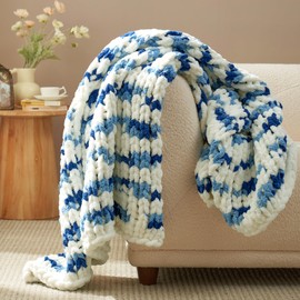Amélie Home Chunky Knit Throw Blanket for Couch, Soft Chenille Crochet Blanket for Sofa, 50"x60", Space-Dyed Blue Striped