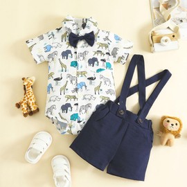 HEOXIN Baby Boys Gentleman Suit, Baby Clothing Gentleman's Bow Tie Press Stud Crotch Newborn Costume, Baby Boy Gentleman Outfit Button Stretch Braces Shorts Baby Clothes, Blue, 0-18 Months, blue