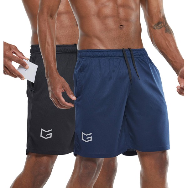 G Gradual Men's 7" Workout Running Shorts Quick Dry Lightweight Gym Shorts with Zip Pockets (2 Pack: Navy Blue/Black Large)