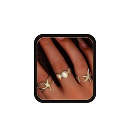 3Pcs Gold Set Seashell Starfish Ring For Women, 18k Gold Dainty Summer Beach Wave Stackable Open Rings Adjustable Surfer Fashion Beachy Jewelry Gifts (3Pcs, Gold)