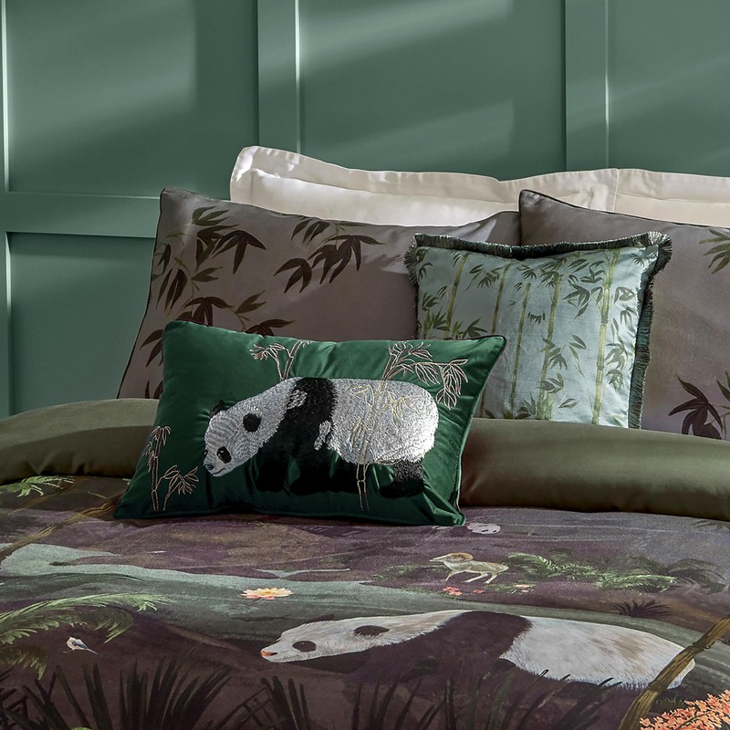 Paoletti Chuan Tranquil Panda Velvet Cushion Cover - Emerald -
