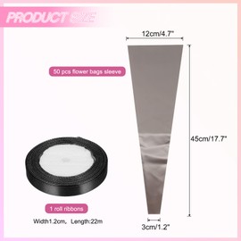 PATIKIL 50 Pack Flower Wrapping Bag, Black Floral Packing Sleeves with Ribbons Cute for Bouquets Wedding Birthday Graduation Anniversary Arrangement Gift, 17.7"x4.7"x1.2"