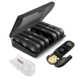 Pill Box 7 Days 3 Compartments with Pill Divider - Medication Box with Time of Day Labelling, Tablet Box for Seniors & Travel, Includes Tablet Cutter for Easy Dosage & Medication Organis