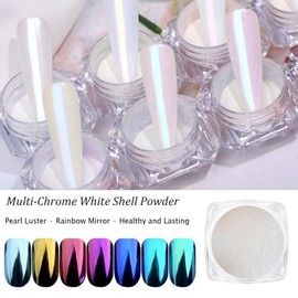 7 Farben Weiße Pearl Chrome Nail Powder – BISHENGYF Transparent Aurora Ice Shimmer Chrom Nagelpuder Metallic Spiegel Effekt Chrome Pigment Pulver für Nägel Glazed Donut Glitzerpuder