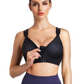 CHUMIAN Womens Plus Size Bralette Sports Bra With Front Closure Black L