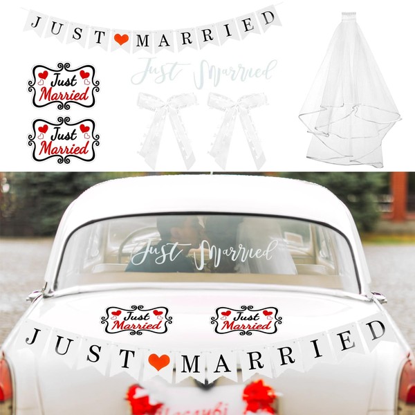 Chris.W 7Pcs Wedding Car Decorations - Just Married Hanging Banner,