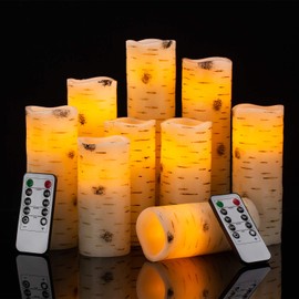 Flameless Flickering Candles with Birch Bark Effect LED Candles 4"/5"/6"/7"/8"/9" Set of 9 Battery Candles Real Wax Pillar with 10-Key Remote Control - 2/4/6/8 Hours Timer