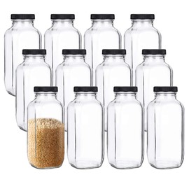 yarlung 12 Pack 17Oz French Glass Spices Jars with Plastic Lids, Clear Square Water Juice Bottles for Storing Herbs, Condiments, Cereals, Milk, Beverages, Kitchen, Pantry, Office