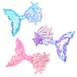 Glitter Fishtail Hair Clips, Pack of 3 Children's Fishtail Hair Pins, Girls Hair Pin Sequins, Hair Clips Fish Tail, Starfish, Shell, Fishtail Hairpin for Girls (A)