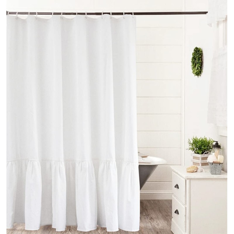 Felisa White Farmhouse Boho Shower Curtain with A Ruffle Hem,