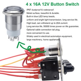 Ambuker 4 Gang 12V Momentary Push Button Switch Panel Antioxidant Aluminum with Blue Light Self-Locking Switches and Manual Reset Circuit Breakers Waterproof Panel for Marine Yacht RV Car Truck
