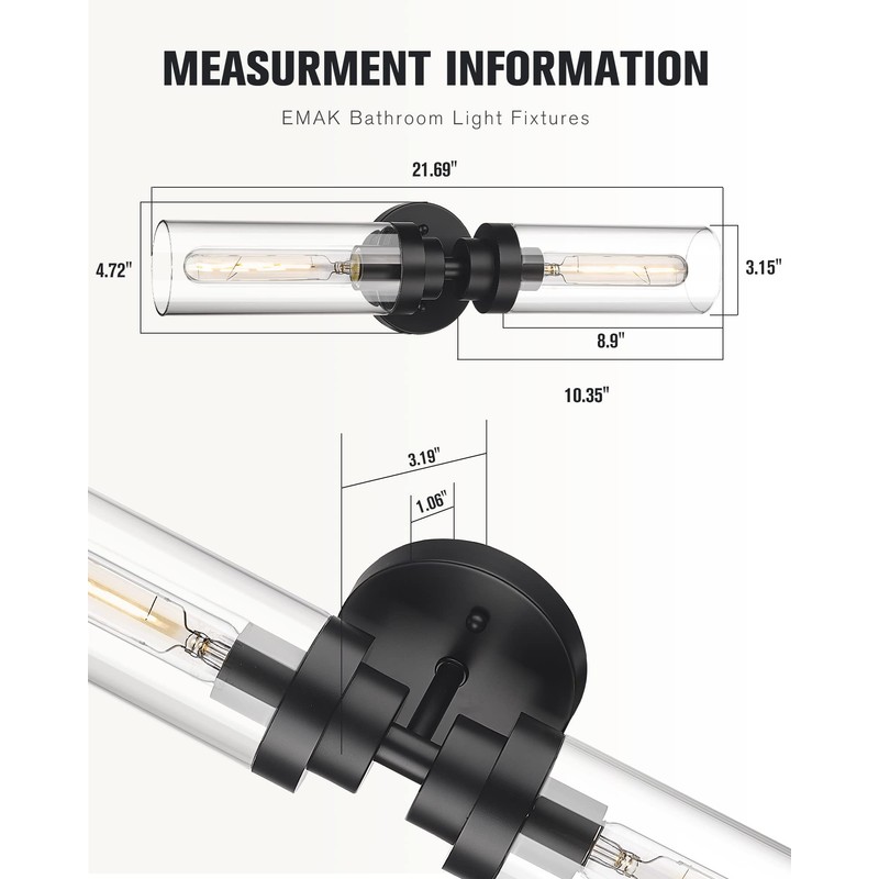 Emak 22 Inch Black Bathroom Light Fixtures Over Mirror, 2-Light