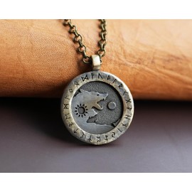 Small Brass Viking Wolf Yin Yang Necklace With Full Set of Runes For Men and Women - Wolves Fenrir Geri Freki Skoll Hati - Viking Norse Protection Charm With 22 Inch Chain