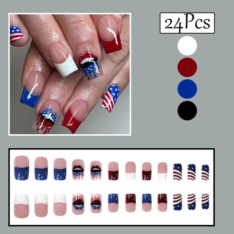 24Pcs 4th of July Press on Nails Short Square Fake