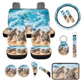 WUYOJUXA Beach Turtle Print Car Seat Covers Full Set 14 Pcs Cute Turtle Car Interior Accessories Set with Seat Belt Pads,Universal Steering Wheel Covers,Keychain Wrist Holder,Fits for Cars,SUV,Truck