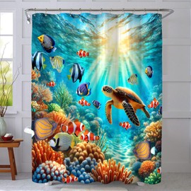 COSEVIER Sea Turtle Shower Curtain for Bathroom Ocean Beach Coastal Seaworld Marine Life Bath Set with Hooks Home Decoration 72x72 Inch Fabric Waterproof