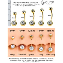OUFER 14G Belly Button Piercing Titanium Gold 10 mm 12 mm 14 mm 16 mm Bar Length Piercing Navel Long CZ Balls Titanium Belly Button Piercing Navel Bars 1.6 mm Navel Ring Woman Man Gift Jewellery