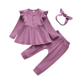 Toddler Baby Girl Clothes Outfits Infant Ruffle Solid Color Long Sleeve Top Pants Headband 3pcs Set Purple 3-4T