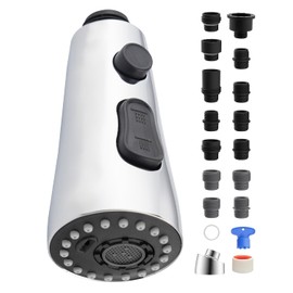 Stainless Faucet Head Replacement Metal Pull Down Kitchen Faucet Head with 15 Adapters, 3 Water Modes Kitchen Sink Faucet Sprayer Head, Chrome Finish