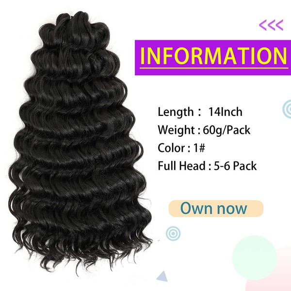 Ocean Wave Crochet Hair Deep Wave, Ocean Wave Braids Hair Synthetic Crochet Braiding Hair Extensions 8 Packs (14 Inch (Pack of 8), 1#)