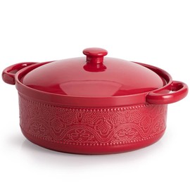 FUN ELEMENTS Casserole Dish, 2 Quart Lace Emboss Casserole Dish with Lid, Oven to Table Ceramic Round Serving Dish with Handles for Dinner and Party, Thanksgiving Christmas Gifts(Christmas Red)