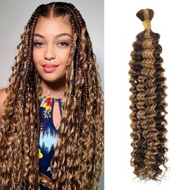 Ombre 4/27 Highlight Human Hair Braiding Hair for Boho Braids No Weft 1 Bundle Deep Wave Bulk Boho Braids Human Hair for Boho Knotless Braids Curly Bohemian Micro Braiding Hair (#4/27,26Inch,50g)
