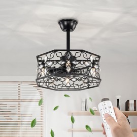Maxax 19 Inch Black Caged Ceiling Fan with Light, Crystal Flower Ceiling Fan with Lights and Remote, Modern Industrial Fandelier Ceiling fan for Hallway, Bedroom, Living Room