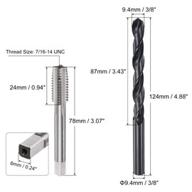 sourcing map Tap and Drill Bit Set, 7/16-14 UNC Thread Tap & 3/8.9" Black Oxide Twist Drill Bit, Straight Flute Tap Tapping Threading Repair Tool Kit