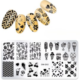 RUNRAYAY Ice Cream Nail Stamping Plates Cherry Flower Nail Stamp Plate Nail Art Stamper Stencils Printing Template Stainless Steel Nail Art Tools