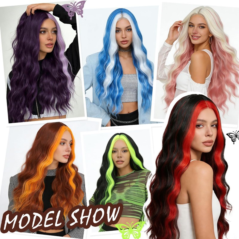 Dark Purple Highlight Wig Long Wavy 26 Inch Middle Part