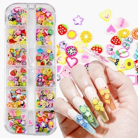 3D Fruit Nail Art Slices,Fruit Clay Flakes Nail Charms Color Banana Lemon Strawberry Cherry Watermelon Designs Summer Glitter Nails Accessories Supplies Manicure Shiny Sequin for DIY Crafts 12 Grids