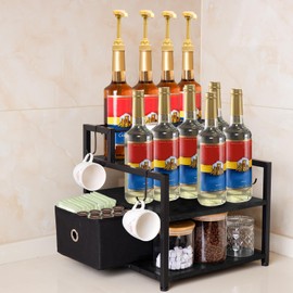 FiloxeniaOasis 3-Tier Coffee Syrup Organizer (12 Bottles Capacity), Stepped Design Syrup Rack with Fabric Drawer, Liquor Bottle Display Shelf, Bottle Holder for Liquor, Coffee, Spice, Syrup