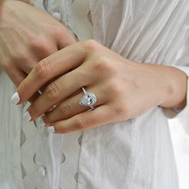 espere Stackable Engagement Ring [Plainum Plated .925 Sterling Silver] Teardrop/Waterdrop/Pear Shaped Solitaire [Size 6]